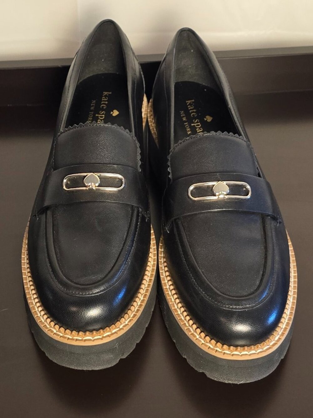 Kate Spade Black Hallie Chunky Platform Lug Loafers with Silverton Hardware Sz 9
